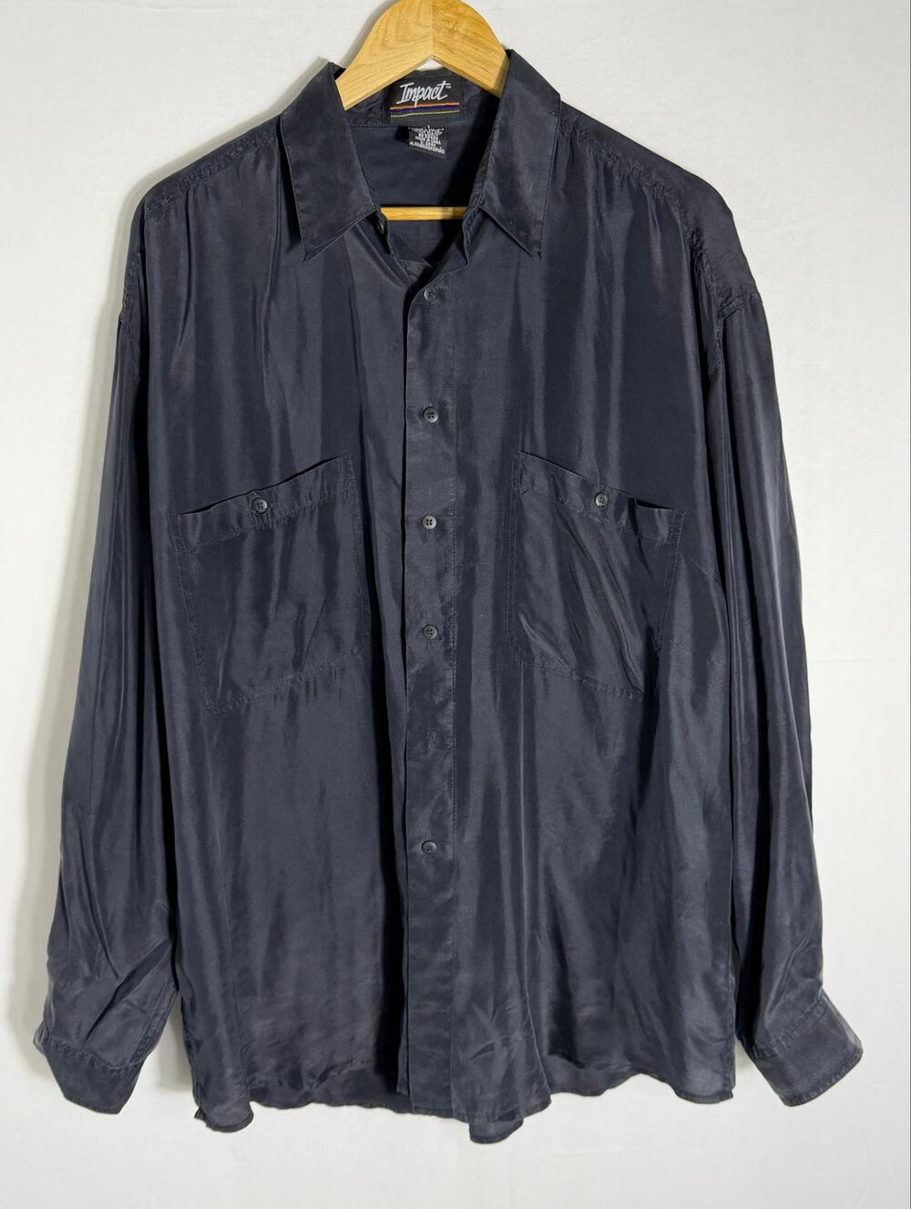 Vintage Y2K Impact 100% Silk Utility Button Up Shirt Navy Large Men’s